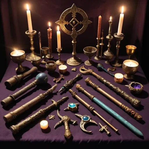 Prompt: A variety of magical tools (wands, athames, chalices) laid out on an altar, with one tool highlighted or glowing.