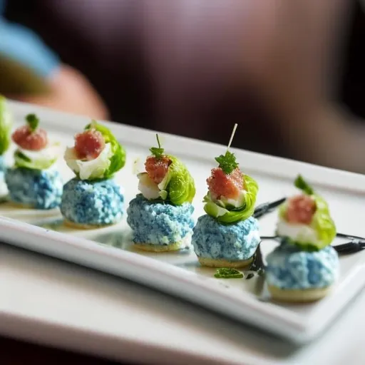 Prompt: A canape consisting of a piece of stilton, a Brussels sprout and a piece of white fish all held together with a cocktail stick