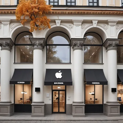 Prompt: we are Apple store from Odessa (Ukraine). Our name is "знайомі" We value the people of our guests, the atmosphere is like in a cafe from the TV series Friends. Our signature colors are black white and orange. 
What do you think our store should look like in the historical center of the city.
Be sure to use our name, large windows and historical facade.
