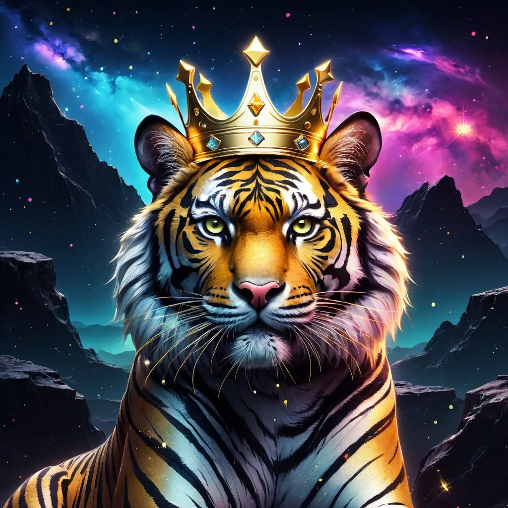 Prompt: A dark landscape with neon glowing elements, a tiger sits with a golden crown, with a galaxy sky with shining stars 