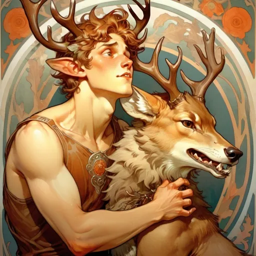 Prompt: An anthropomorphic deer boy who is being held down by a giant anthropomorphic wolf, he is drooling and looks hungrily at the deer boy