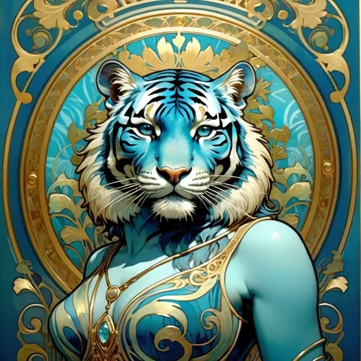 Prompt: A sleek blue-furred anthropomorphized tiger, she is standing outside in nature. The image is framed in gold with filigree decorations.