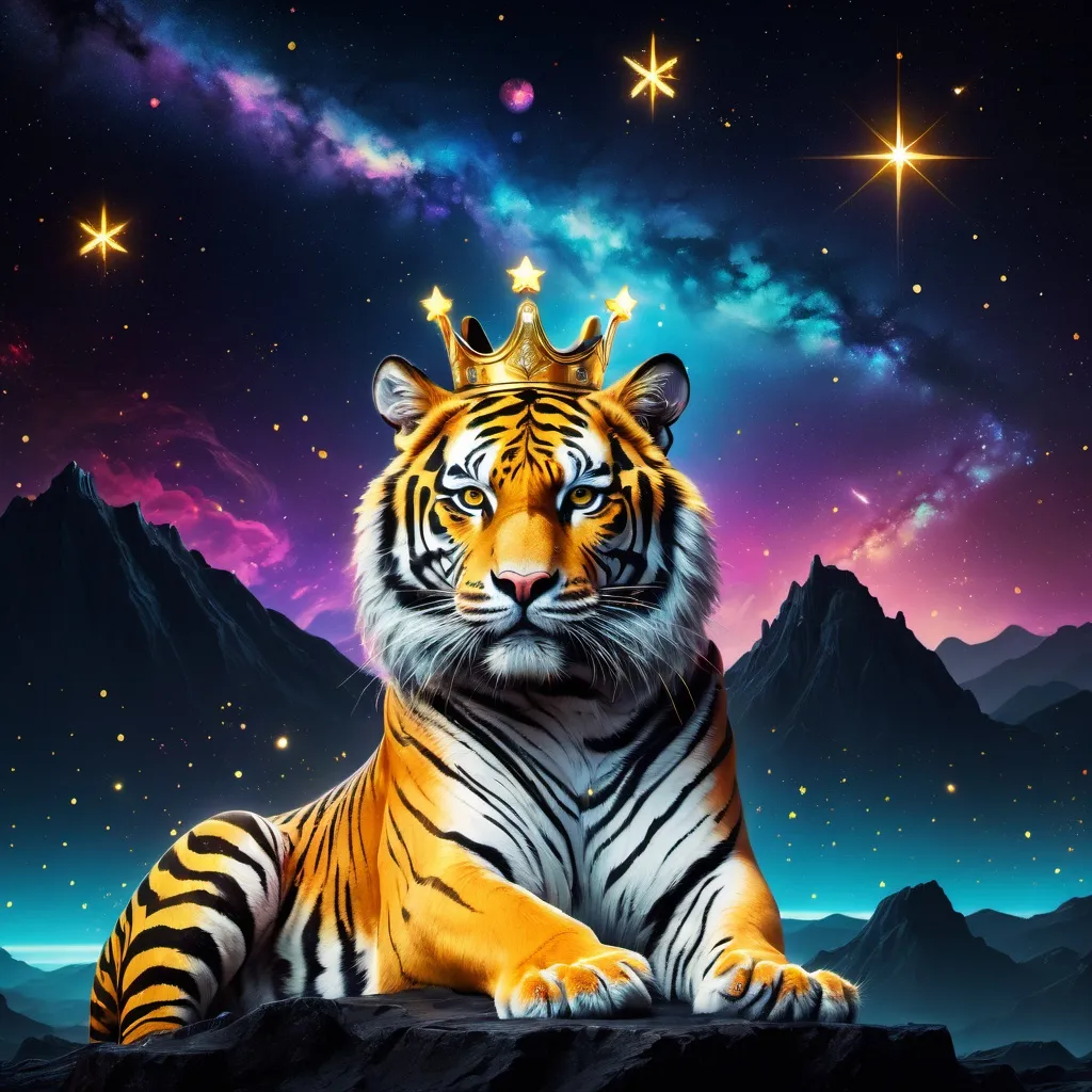 Prompt: A dark landscape with neon glowing elements, a tiger sits with a golden crown, with a galaxy sky with shining stars 