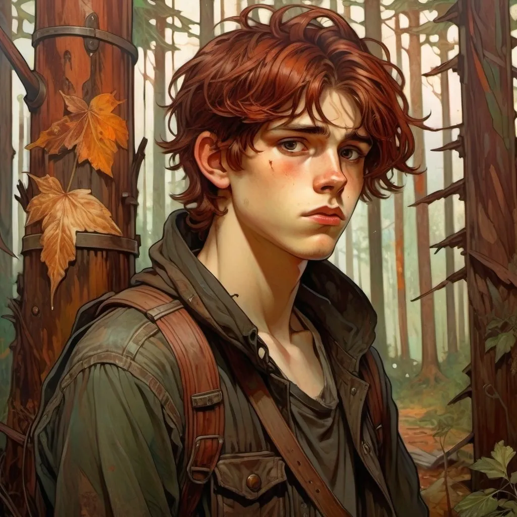 Prompt: Full body image of a 18-year-old boy, with dark brown-red hair, amber eyes, a sullen expression, post-apocalyptic, he's at a cabin in the forest