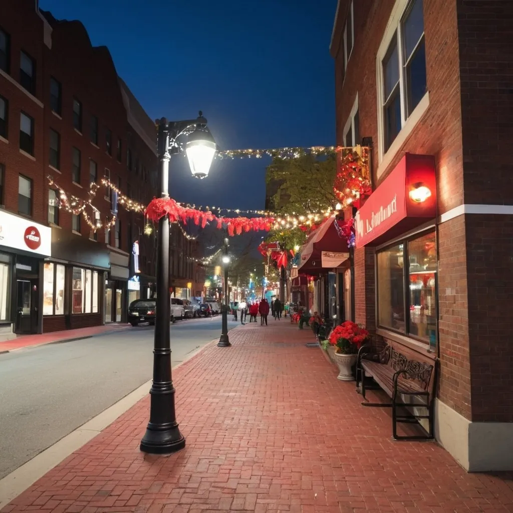 Prompt: Scene of a brightly lit and beautifully decorated street corner with a red brick sidewalk, where people could meet, but there are no signs of anyone around