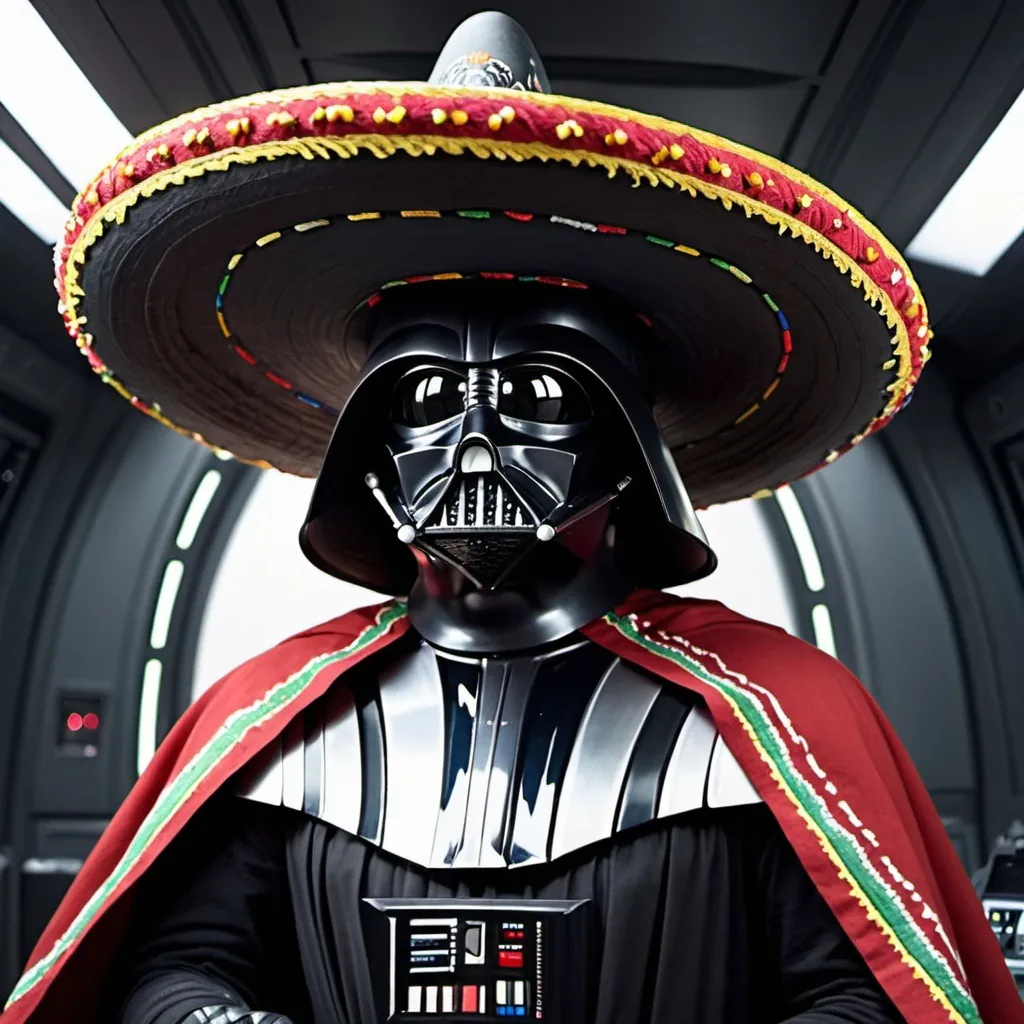 Prompt: Darth Vader in a spaceship wearing a Mexican Sombrero for Cinco De Mayo.
Picture says Happy Revenge of the Fifth