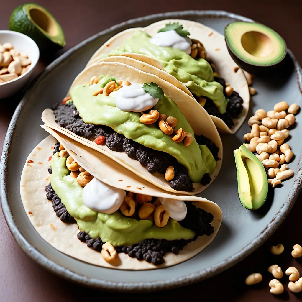 Prompt: Tacos de Lava de Chile Pasilla con Crema de Aguacate y Cacahuates Explosivos