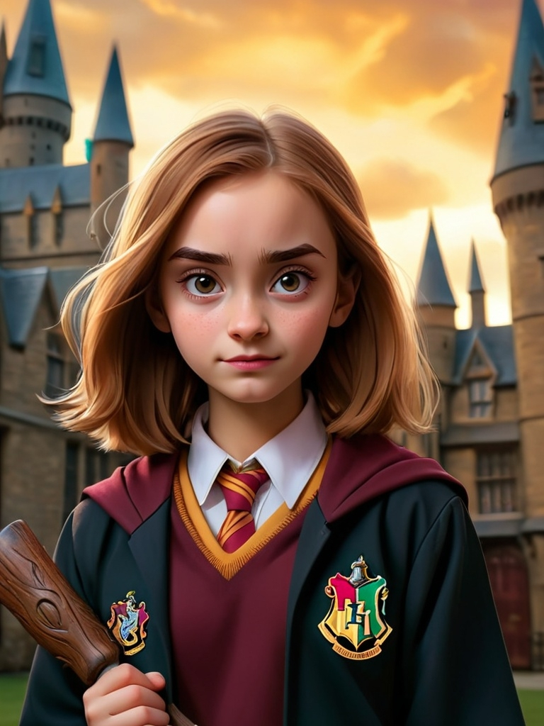 Prompt: The girl on the photo as a student id Hogwarts school l, se has the background of the school, the griffindor uniform and some magical tools on her hands