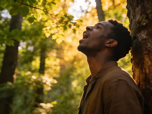 Prompt: a man dark skin singing in to the forrest