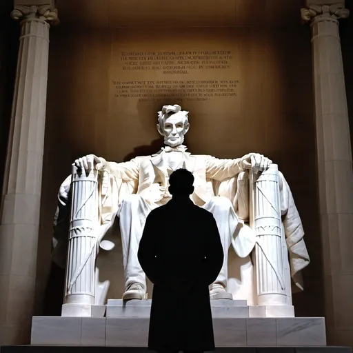 Prompt: Background: Lincoln Memoriall, but the statue of Lincoln is dressed in Ancient Greek Robes. The inside of the memorial is lit by torches. 
Foreground The back of a man's head, in shadow. His body language show supirse at at what he is looking at. 