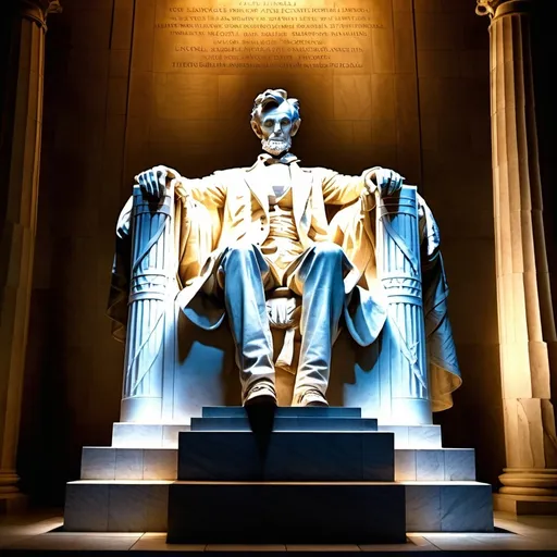 Prompt: Lincoln Memoriall, but the statue of Lincoln is dressed in Ancient Greek Robes. The inside of the memorial is lit by torches