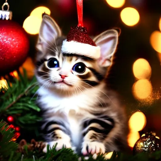 Prompt: Cute christmas kitten with glitter eyes, christmas ornaments on the background