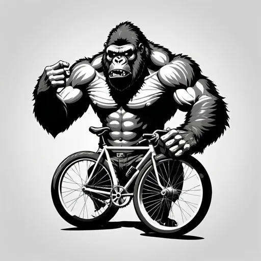 Prompt: Street fighter zombie gorilla black and white logo full body fighting posture holding a bicycle wheel with both paws
