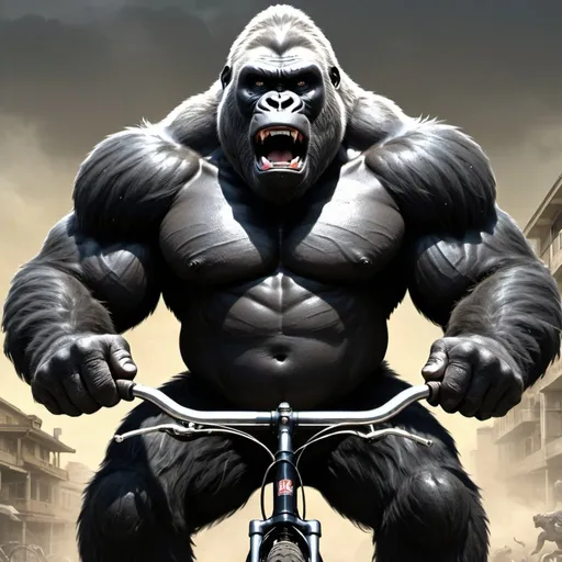 Prompt: The image shows a large, muscular gorilla holding a bicycle tire with an angry expression on his face. The gorilla is the central figure in the image and appears to be part of a logo or advertisement. In the background, there are two smaller figures that appear to be far away, possibly contextualizing or adding visual interest to the scene.