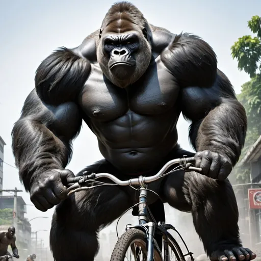 Prompt: The image shows a large, muscular gorilla holding a bicycle tire with an angry expression on his face. The gorilla is the central figure in the image and appears to be part of a logo or advertisement. In the background, there are two smaller figures that appear to be far away, possibly contextualizing or adding visual interest to the scene.