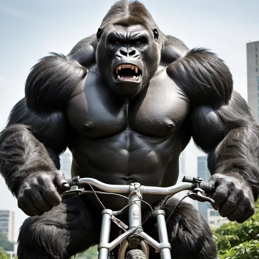 Prompt: The image shows a large, muscular gorilla holding a bicycle tire with an angry expression on his face. The gorilla is the central figure in the image and appears to be part of a logo or advertisement. In the background, there are two smaller figures that appear to be far away, possibly contextualizing or adding visual interest to the scene.