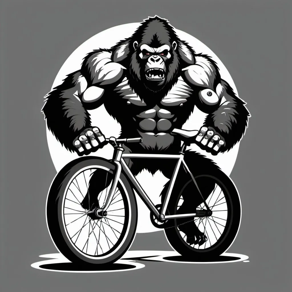 Prompt: Street fighter zombie gorilla black and white logo full body fighting posture holding a bicycle wheel with both paws
