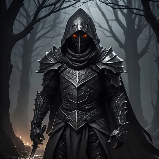 Prompt: A dark figure in dark fantasy style stands in a grey and gloomy environment while wearing a light black leather armor and a hood that casts a shadow on his face so that you only see his glowing eyes