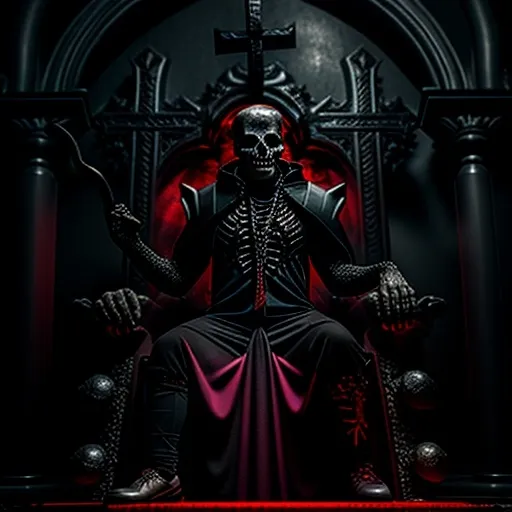 Prompt: A dark lord in dark fantasy style with a skull and red glowing eyes and a crown. He sits on a throne in a dimly lit chapel.