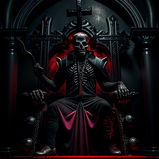 Prompt: A dark lord in dark fantasy style with a skull and red glowing eyes and a crown. He sits on a throne in a dimly lit chapel.