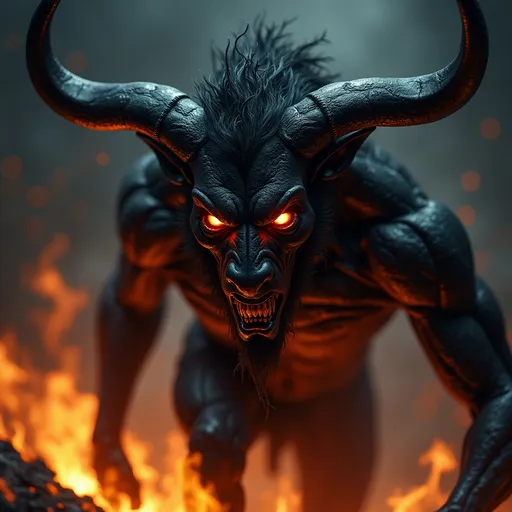 Prompt: Hell creature, a dark fusion of human and minotaur features, black skin exuding a sinister aura, surrounded by flickering flames, intensely glowing eyes piercing through the darkness, menacing and foreboding atmosphere, deep shadows enhancing the spine-chilling scene, 4K resolution, ultra-detailed, dramatic lighting, evoking dread and awe.