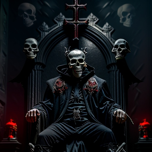 Prompt: A dark lord in dark fantasy style with a skull and red glowing eyes and a crown. He sits on a throne in a dimly lit chapel.