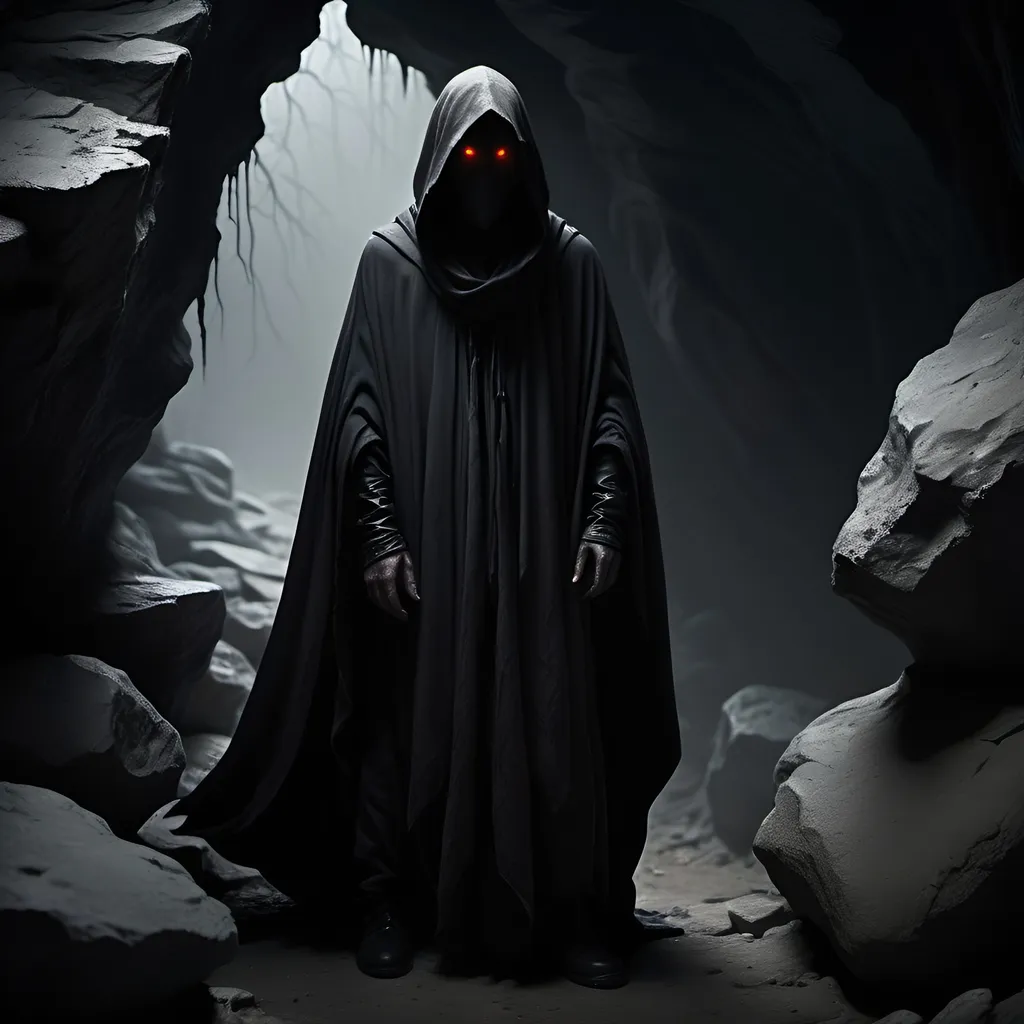 Prompt: Dark fantasy figure, cloaked in flowing black fabric, glowing eyes piercing through shadow, standing commanding on a rugged stone in a murky environment, dark tones of deep black and ashen grey filling the scene, eerie and haunting ambiance, dramatic lighting casting long shadows, ultra-detailed, cinematic atmosphere, dappled fog enveloping the surroundings, evoking mystery and intrigue.