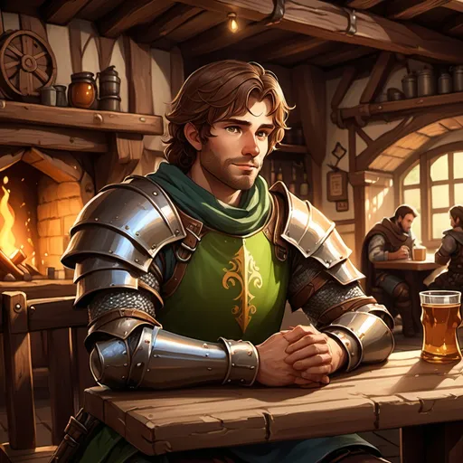 Prompt: (rpg fantasy game style) A knight sits in a cozy tavern, wearing intricate (light armor) that shines gently in the warm, ambient light. He has a rugged yet noble appearance, with earthy brown hair and vibrant green eyes that reflect a life of adventure. The tavern is filled with (rustic wooden details), a crackling fireplace in the background, and a cheerful yet mysterious atmosphere, creating a perfect setting for tales of valor. (4K, ultra-detailed)