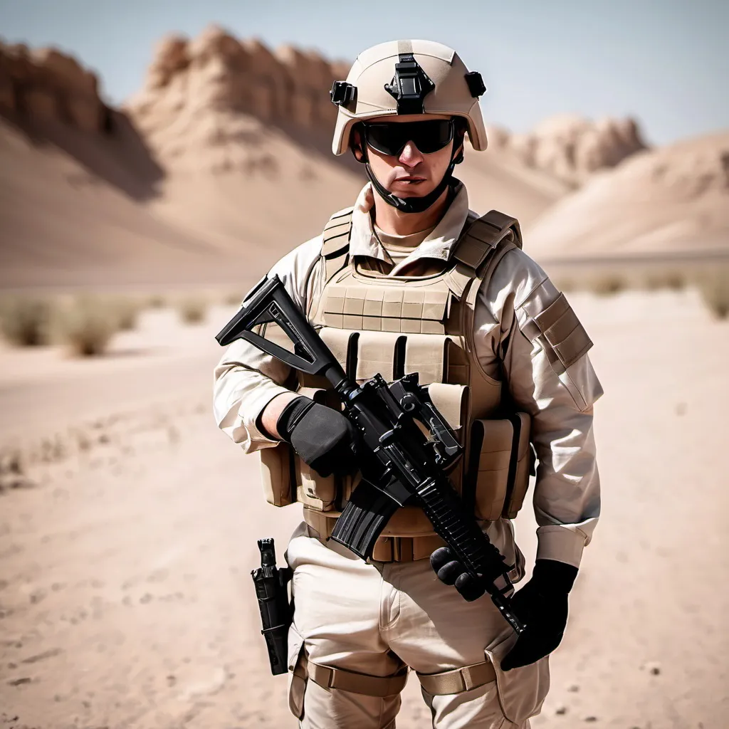 Prompt: A modern soldier with bulletproof vest and tactical clothing stands in the desert with a weapon in his hand.