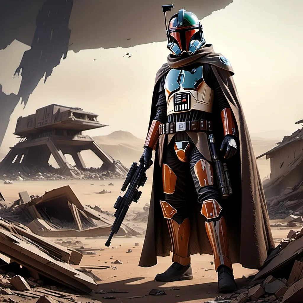 Prompt: realism style, dark color scheme, imperial Star Wars bounty hunter, wearing a hat, medium-length cape, equipped with a blaster, detailed armor, dramatic pose, surrounded by a devastated landscape, debris and destruction, shadows enhancing the mood, intense atmosphere, gritty environment, high-quality rendering, ultra-detailed, cinematic lighting