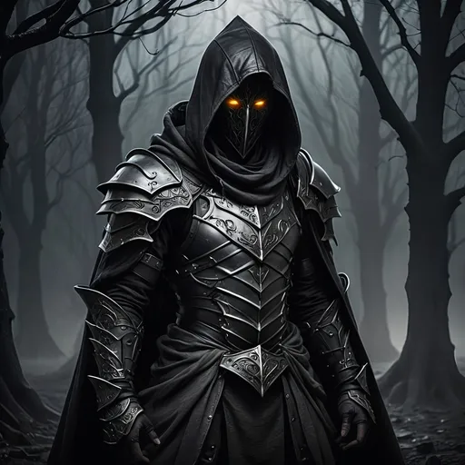 Prompt: A dark figure in dark fantasy style stands in a grey and gloomy environment while wearing a light black leather armor and a hood that casts a shadow on his face so that you only see his glowing eyes