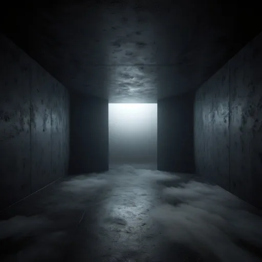 Prompt: foggy abstract space filled with dim light and fuzz, inside a dark well, eerie, void, 3d render, high quality