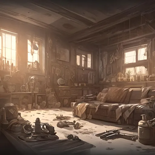 Prompt: a Gaint house interior with a harmful weapons and symbols inside concept art
