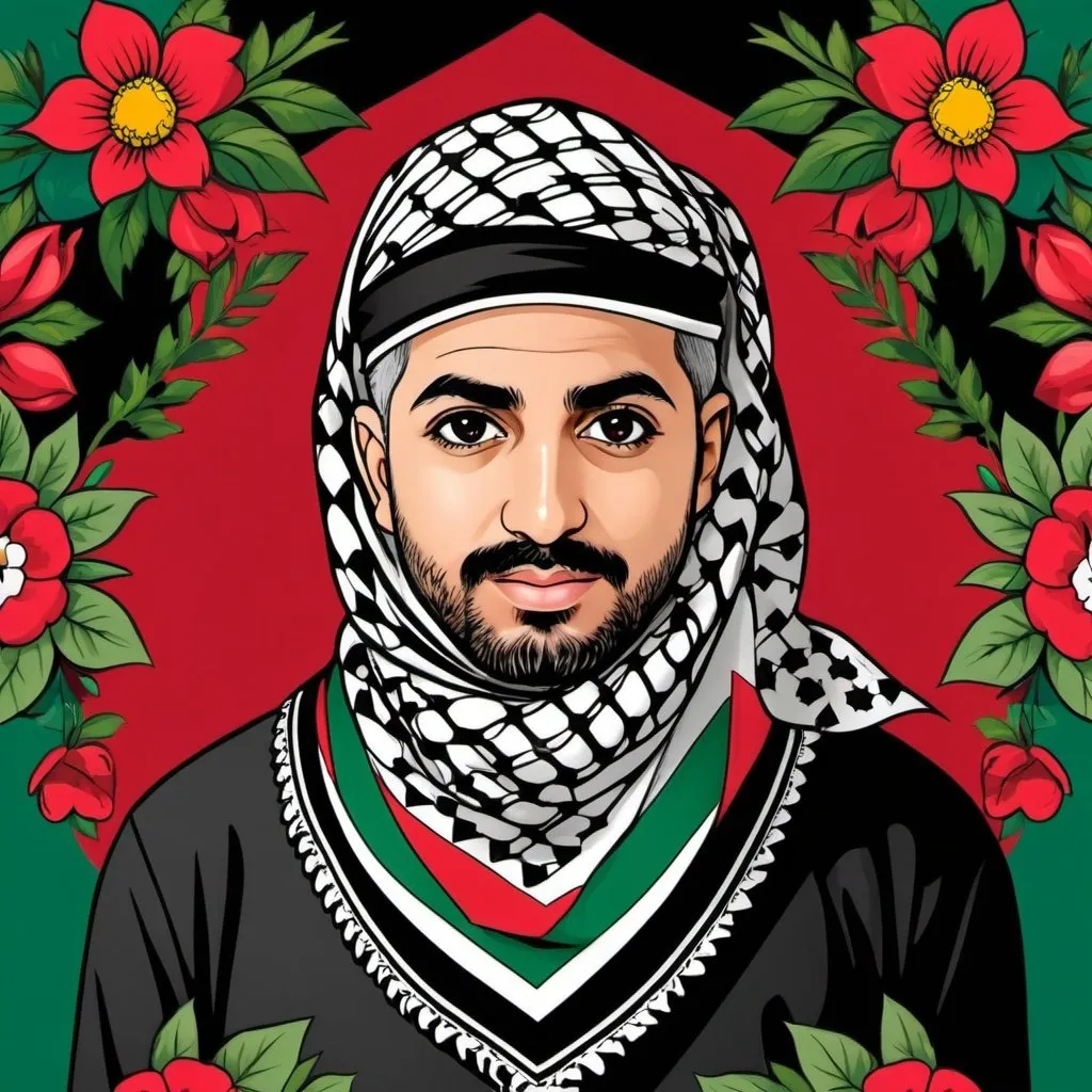 Prompt: Cartoon graphic of Palestinian keffiyeh in Palestinian colors with florals