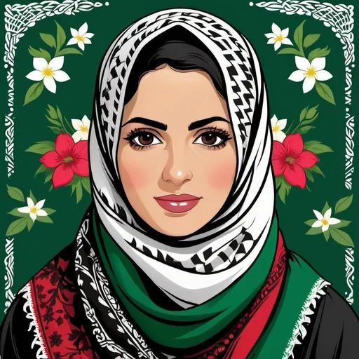 Prompt: Cartoon graphic of Palestinian keffiyeh in Palestinian colors with florals