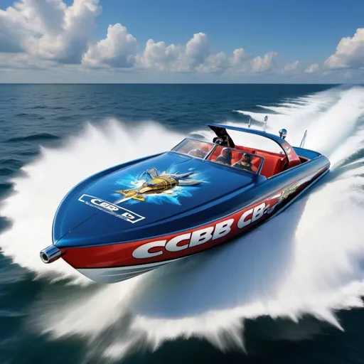 Prompt: Picture of a Cigarette 38 top gun Power Boat at speed, in waves. The boat has Viking decor and CCB Subsea logo.