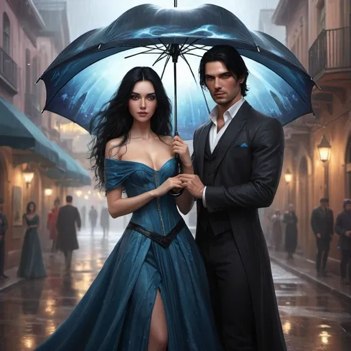 Prompt: Artstation  style high digital art tecnologic realistic style of  A magic and fantasiotic  attractive women with long  wave black hair inside a  magic umbrella  wearing a very Atractive fasanatic magical gown a men as handsome is with her 