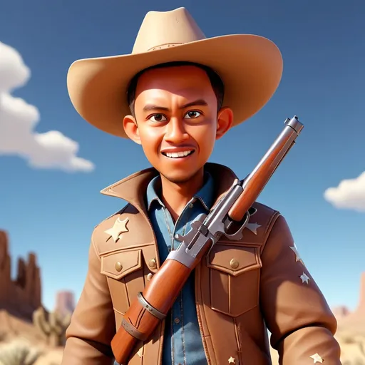 Prompt: 3d cartoon character male, holding a gun, wearing a (brown cowboy jacket), wearing a (cowboy hat), desert background, (eyes looking forward), dusty desert landscape, sandy terrain, dry shrubs, scattered rocks, clear blue sky with a few clouds, vibrant colors, high contrast, dynamic pose, adventurous atmosphere, UHD, ultra-detailed textures, cinematic lighting