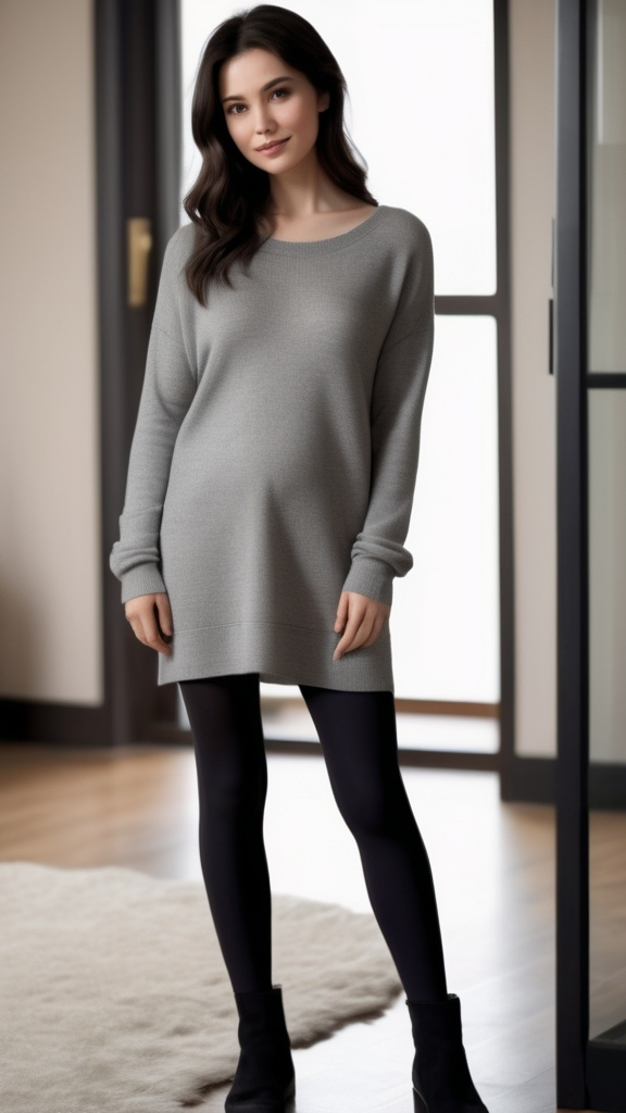 Prompt: Pregnant dark-haired woman, Grey long-sleeved sweater mini dress, black leggings, and black ankle boots