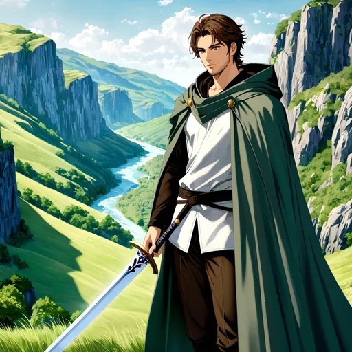 Prompt: Fantasy anime art featuring a handsome man brandishing a sword. He is in his early twenties with fair skin and medium dark brown hair. His hair is windswept. He has light stubble on mis chin. His eyes are pale green in color. The lighting should be cool-toned and cinematic. He stands in a valley with rocky cliffs in the background. The man is elegant, dignified and pensive. He is wearing a gray traveling cloak. He is lean, fit and has perfect body proportions. The art should be HDR and highly detailed, similar to art trending on Artstation. 