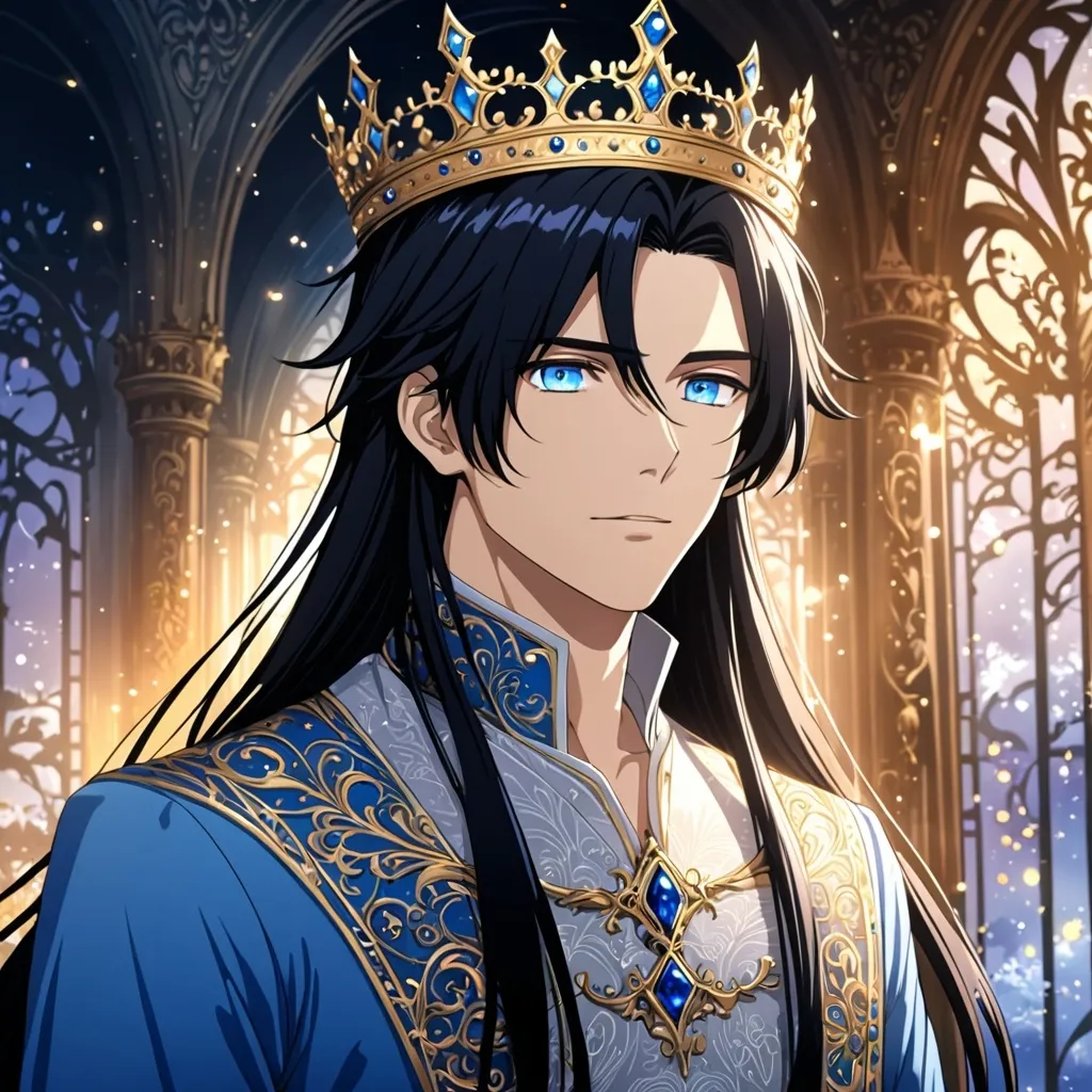 Prompt: Anime an anime man, beautiful gentle features, long black hair, and blue eyes, dressed like a prince, wearing a crown, intricate line art, dreamy atmosphere, straight hair, detailed eyes, 4k, high-quality, anime, dreamy lighting