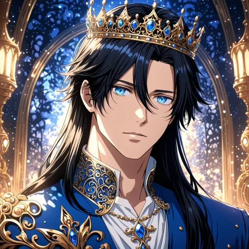 Prompt: Anime an anime man, beautiful gentle features, long black hair, and blue eyes, dressed like a prince, wearing a crown, intricate line art, dreamy atmosphere, straight hair, detailed eyes, 4k, high-quality, anime, dreamy lighting