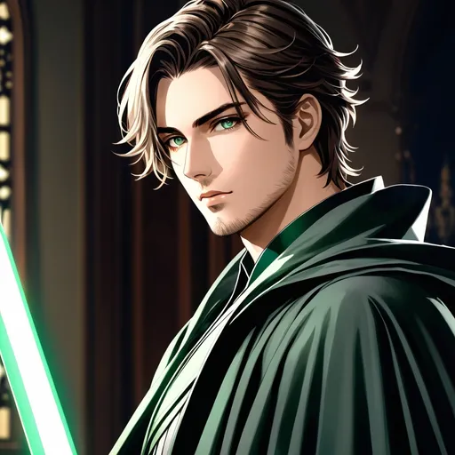 Prompt: Fantasy anime art featuring a handsome man brandishing a sword. He is in his early twenties with fair skin and medium dark brown hair. His hair is windswept. He has light stubble on mis chin. His eyes are pale green in color. The lighting should be cool-toned and cinematic. The man is elegant, dignified and pensive. He is wearing a gray traveling cloak. He is lean, fit and has perfect body proportions. The art should be HDR and highly detailed, similar to art trending on Artstation. 