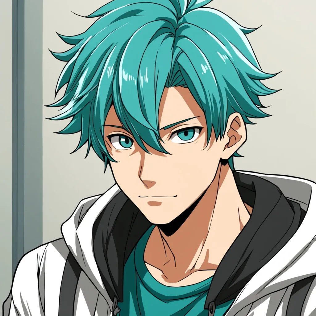 Prompt: In the style of Horikoshi Kohei, young man, anime, teal hair