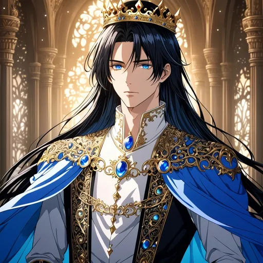 Prompt: Anime an anime man, beautiful gentle features, long black hair, and blue eyes, dressed like a prince, wearing a crown, intricate line art, dreamy atmosphere, straight hair, detailed eyes, 4k, high-quality, anime, dreamy lighting