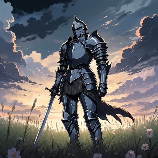 Prompt: 2d dark j horror anime style, a man wearing knight armor standing in a field of grass and flowers with a cloudy sky in the background, Abidin Dino, neo-romanticism, sky, a picture, anime scene