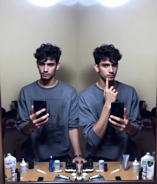 Prompt: In a visually striking mirror selfie, a young man stands in a casual environment, framed symmetrically with two views side by side. He has short, dark, curly hair and a serious expression on his face, contrasted by a more contemplative pose in the second image. Clad in a gray sweatshirt with a subtle graphic design, he holds a smartphone in his right hand, reflecting a sense of self-awareness. The background reveals a well-lit indoor setting with cream-colored walls, while various grooming products are scattered across a wooden surface, adding a personal touch to the scene. The overall mood is introspective, with the lighting enhancing the details of his facial features and clothing.