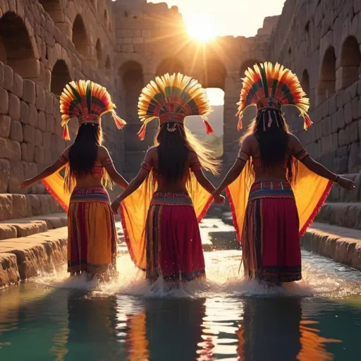 Prompt: Incas dancing in Water ritual inside aqueducts at sunset, painted with vibrant colors that effortlessly capture the deep beauty of their cloaks, hair and crown in an impeccable dance display, 4K HD.