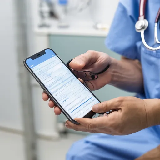 Prompt: a patient has a phone on hand doing a medical survey, make a view from the shoulder showing hands and phone screen 