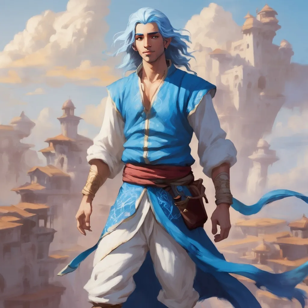 Prompt: dnd character Air Genasi Aladdin inspired clothing with a mix of bard motif. bandages around arms and legs. skin resembling the bleu sky with streaks of clouds. long messy white unkept hair. young looking man in his mid 20s. #23e4dc light blue skin